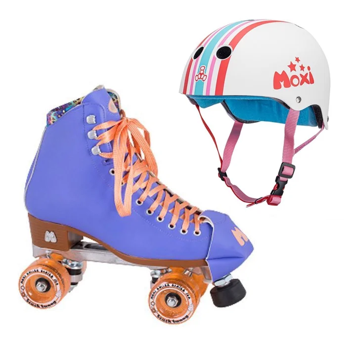 Moxi Combo Set - Beach Bunny Roller Skate (Periwinkle Sunset) & Helmet (Stripey)