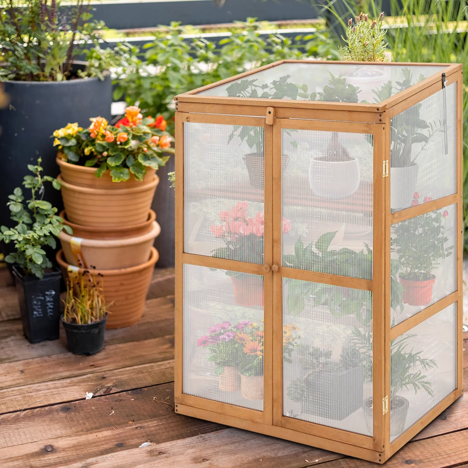 EAGLE PEAK Garden Cold Frame Greenhouse with Adjustable Shelves, 30.1x22.0x43.3in, Indoor & Outdoor Use, Wood Frame with PC Windows & Vented Roof, Natural