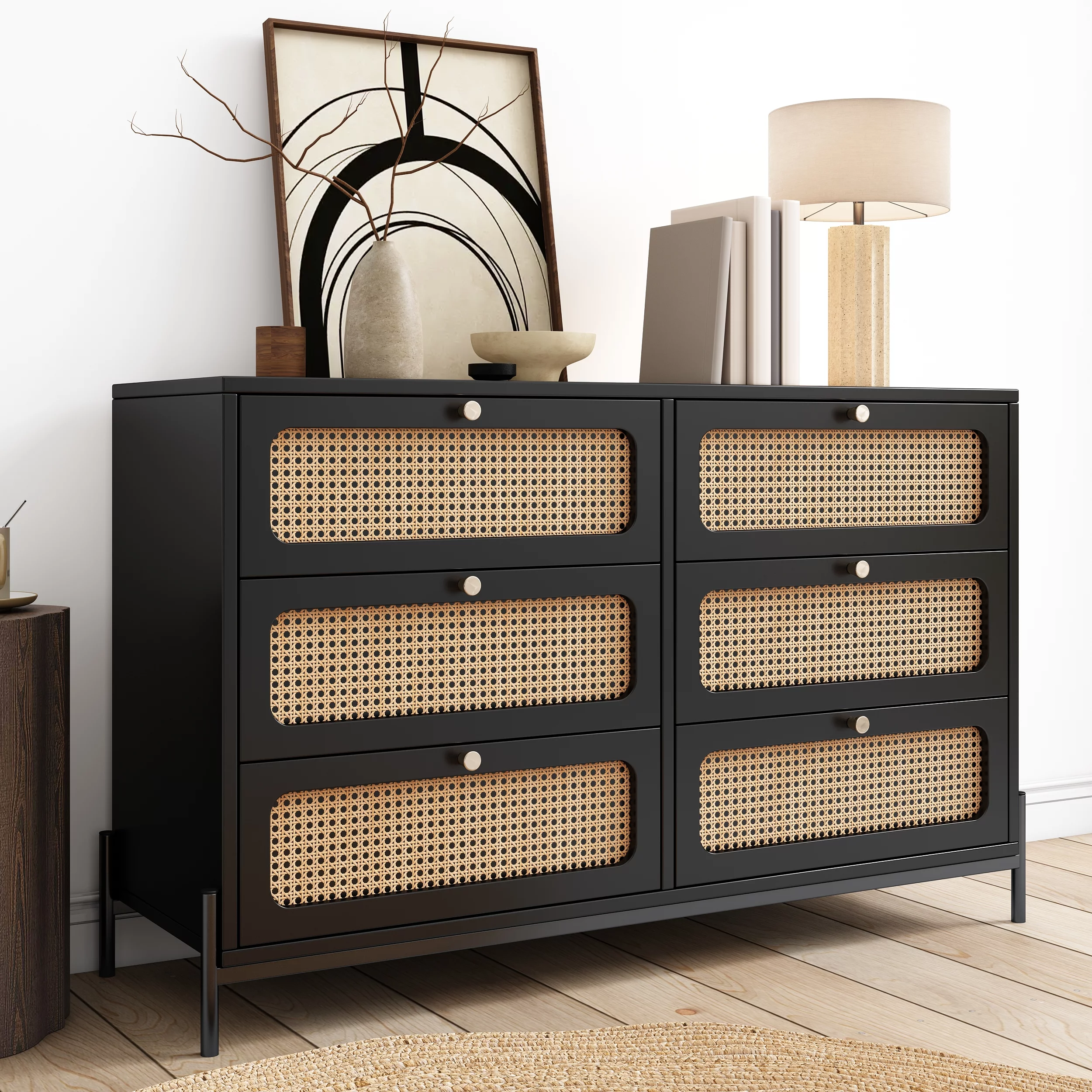 Modern Cannage Rattan Wood Closet 6-Drawer Dresser Wood Storage Cabinet Sideboard for Bedroom, Living Room, Entryway, Hallway, Black