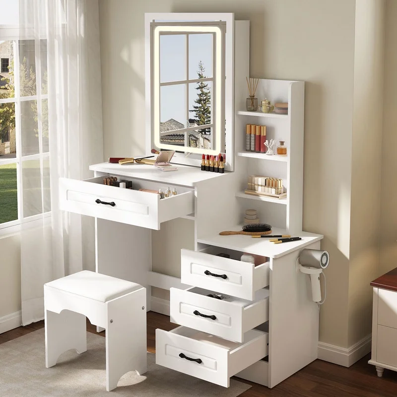 LUXOAK Vanity Makeup Mirror Desk with Stool & Hair Dryer Stand, 3 Brightness Modes, Vanity with Sliding Mirror & 4 Drawers & Shelves, White…