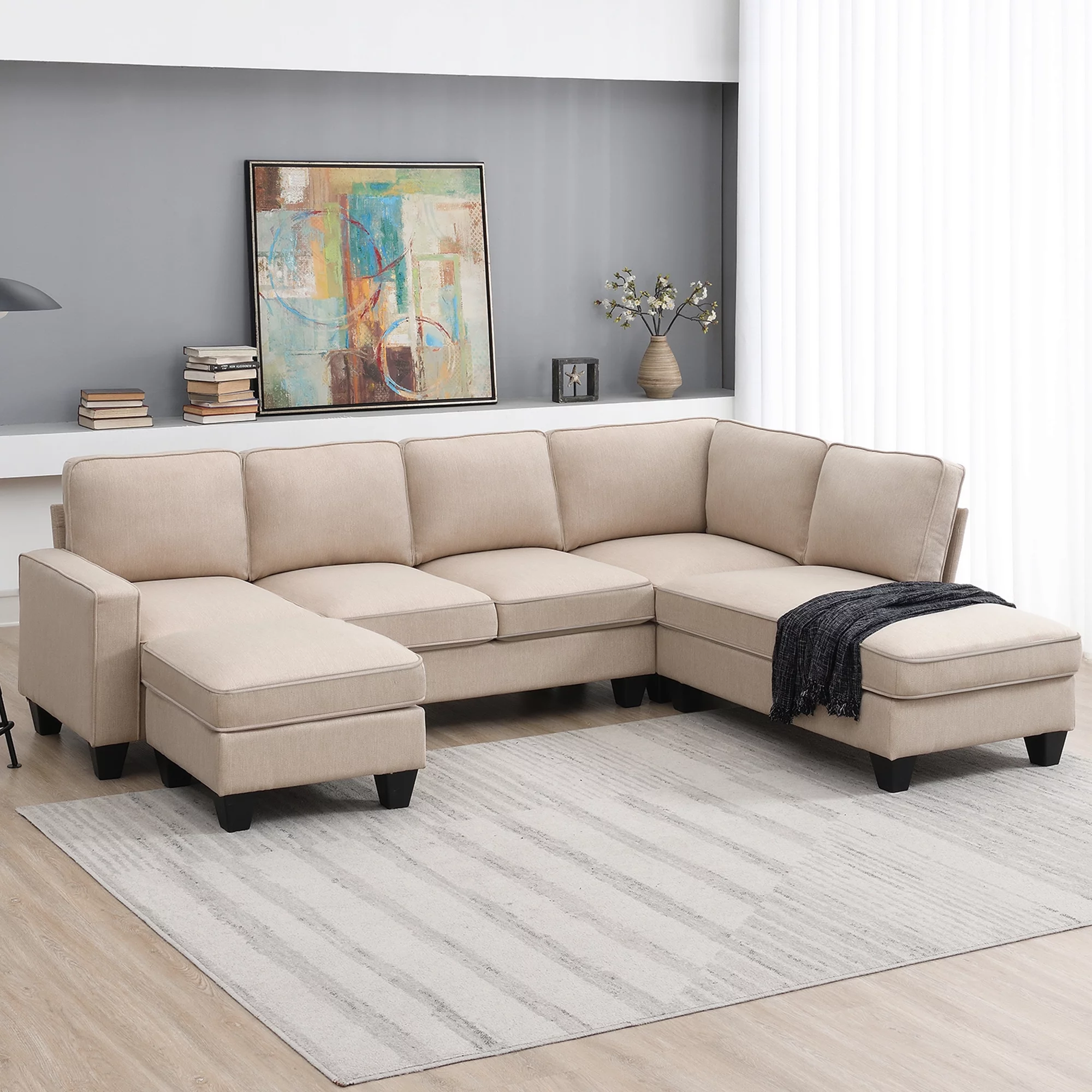 Modern L Shaped Sectional Sofa, 7 Seater Linen Modular Couch with Chaise Lounge and Convertible Ottoman for Living Room Office