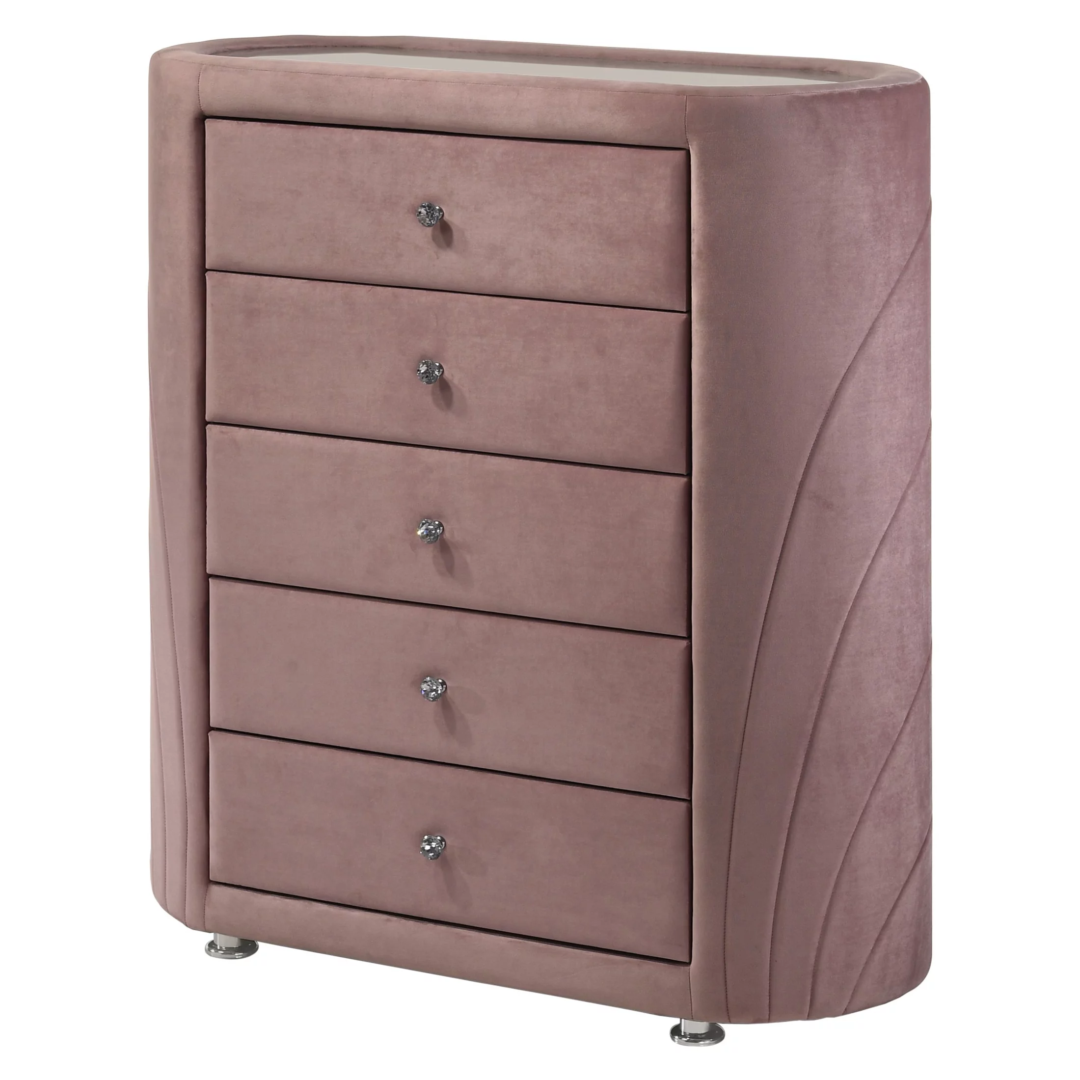 ACME Salonia 5 Drawers Velvet Upholstery Chest with Mirror Top in Pink