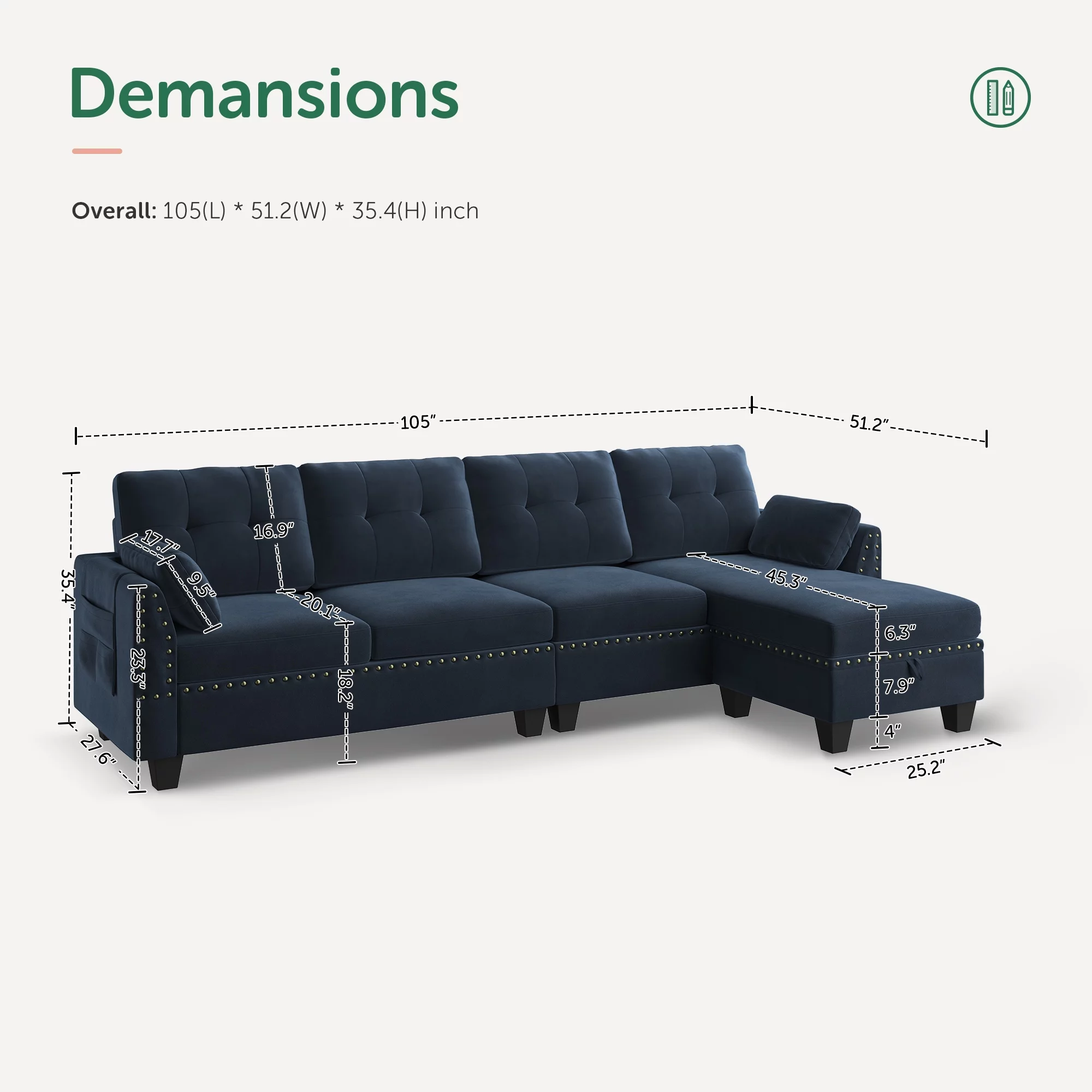 HONBAY Modern Velvet 4-seat Sofas Sectionals with Storage Ottomans and Pockets for Apartment, Dark Navy Blue