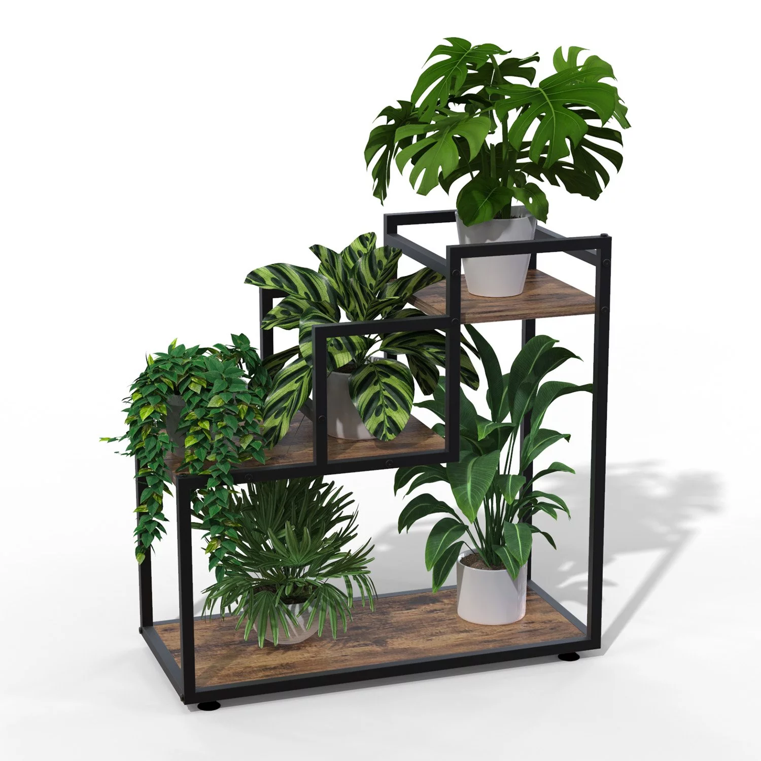 GDLF Trapezoidal Plant Stand 3-Tier Home Side End Table, Multi-Purpose Display Shelf Wood Metal Rack