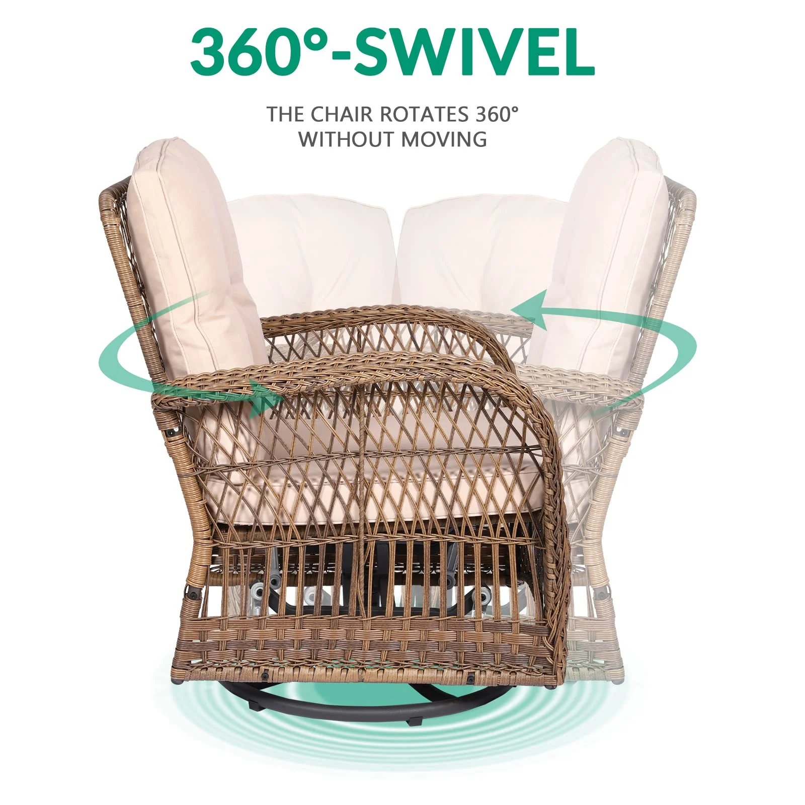 VIVIJASON 3-Piece Outdoor Conversation Bistro Set, Patio Swivel Glider Rocking Chairs Rattan Furniture Sets w/ 2 Rattan Chairs, Cushions, Glass Top Side Table for Porch Backyard, Light Brown