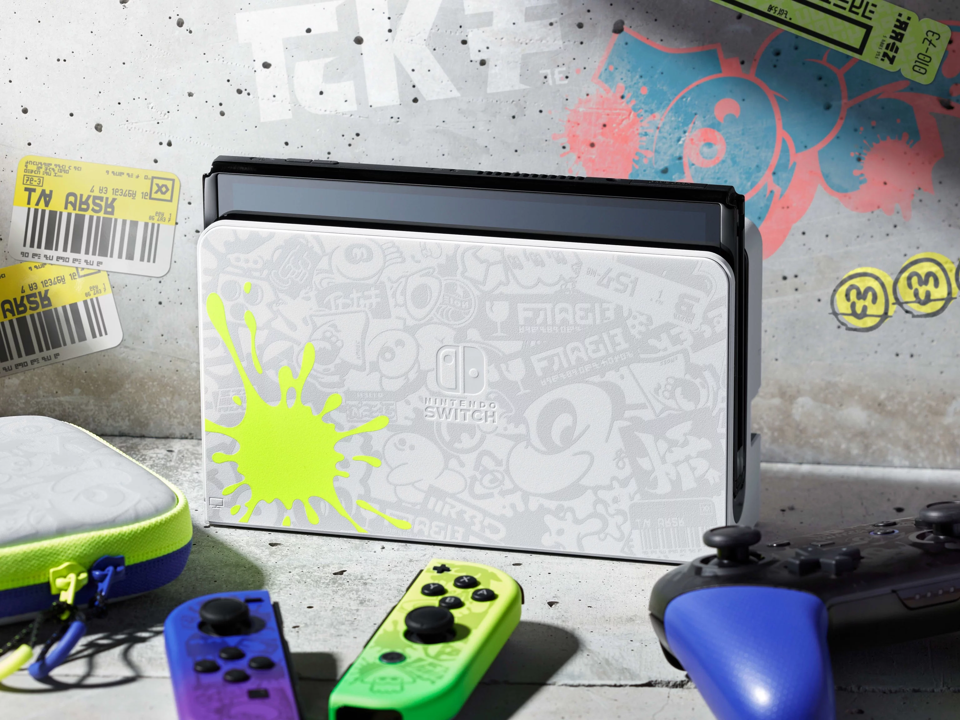2022 Nintendo Switch OLED Splatoon 3 Limited Edition with Splatoon 3 Game, Blue & Yellow Gradient Joy-Con 64GB Console, LAN-Port Graffiti-themed Dock, Mytrix Bamboo Wireless Pro Controller & Accessory