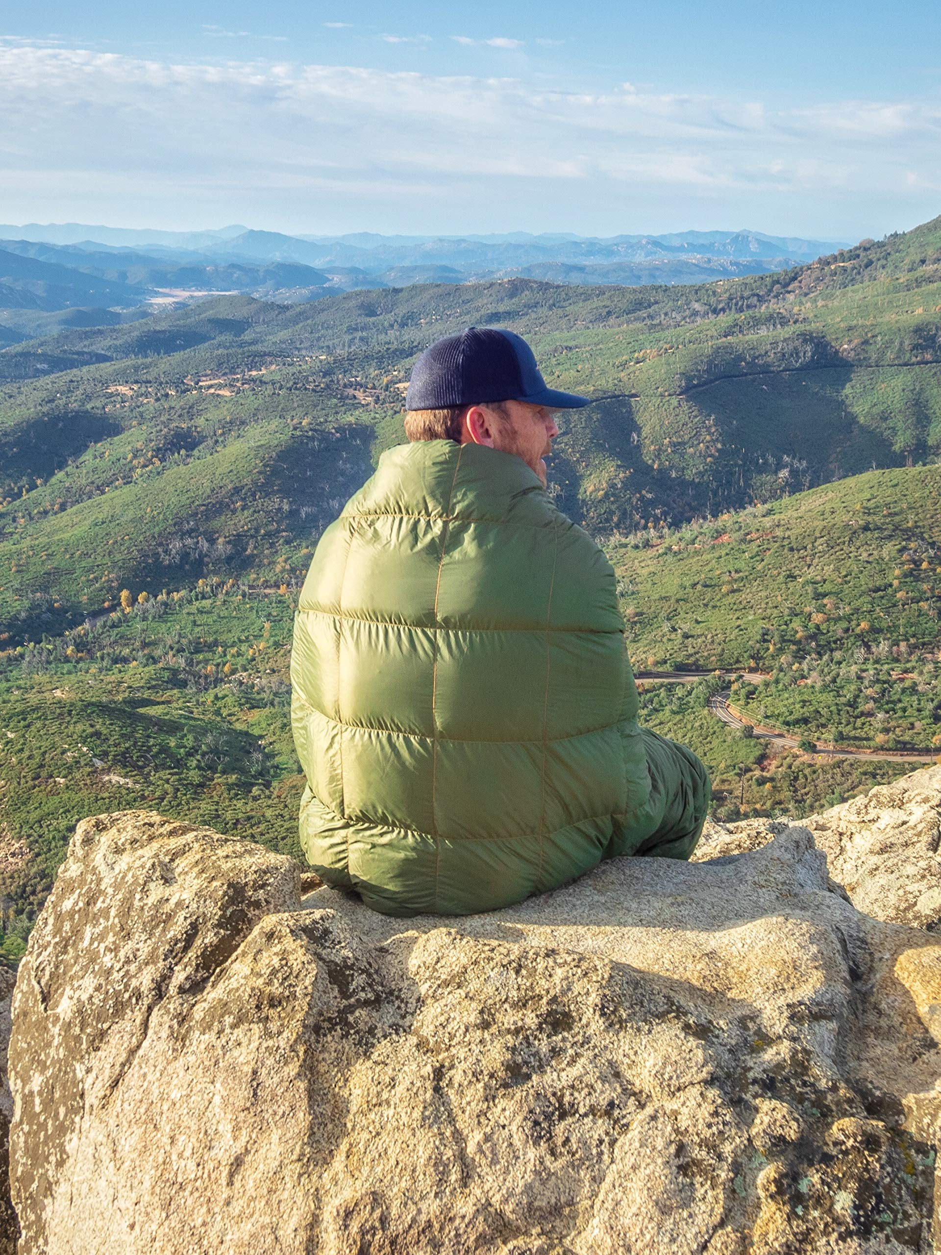 Get Out Gear Down Camping Blanket - Puffy, Packable, Lightweight and Warm | Ideal for Outdoors, Travel, Stadium, Festivals, Beach, Hammock | 650 Fill Power Water-Resistant Backpacking Quilt (Olive)