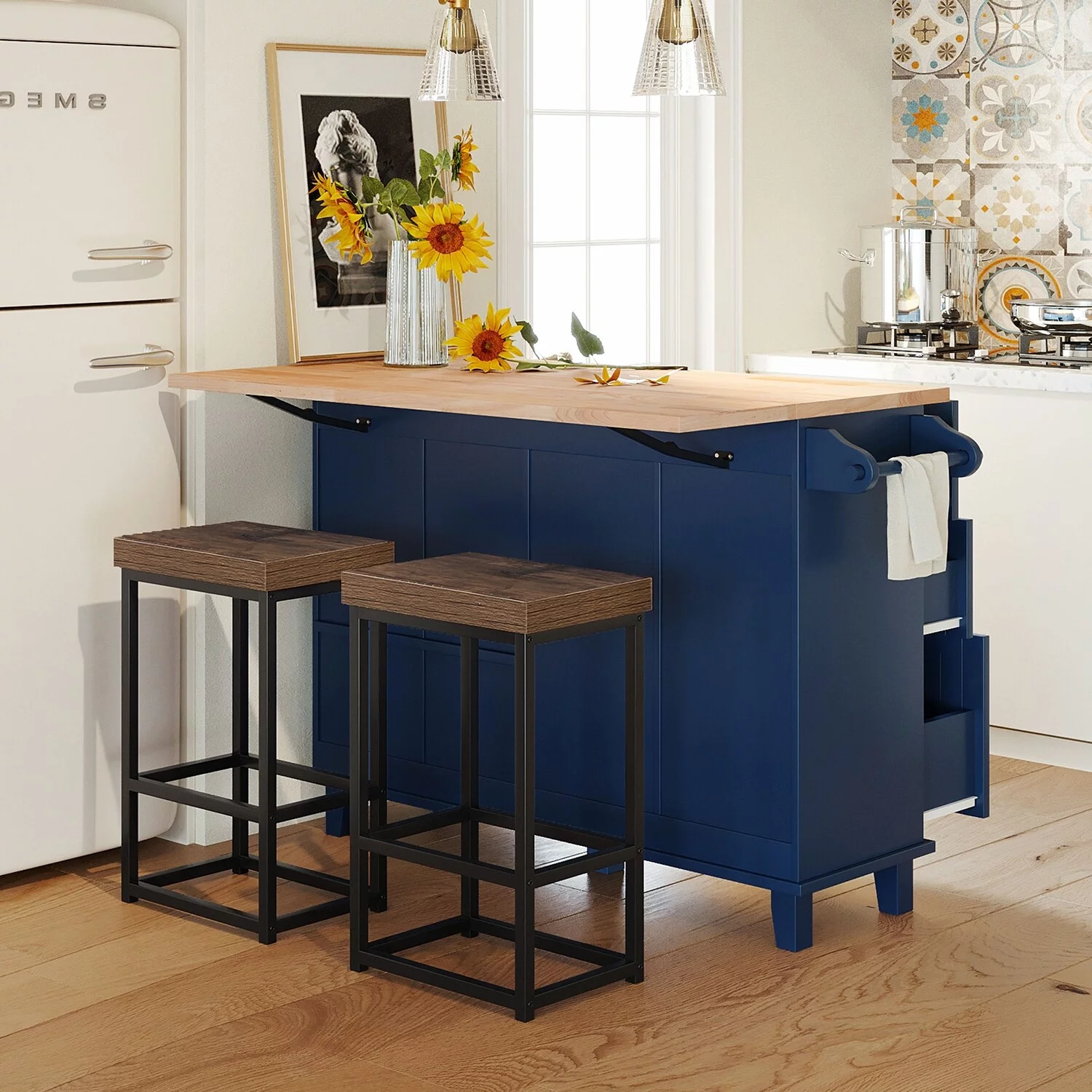 LivEditor Farmhouse Kitchen Island Set with Drop Leaf and 2 Seatings Blue