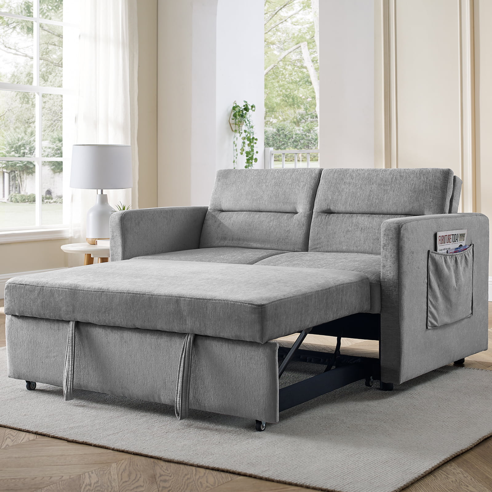 YISUYA Double Sofa Bed, Sofa Bed with Pull-Out Bed, Adjsutable Back and Two Arm Pocket, Reclining Loveseat Sofa Sleeper, Sofa Sleeper Recliner,  for Living Room, Gray
