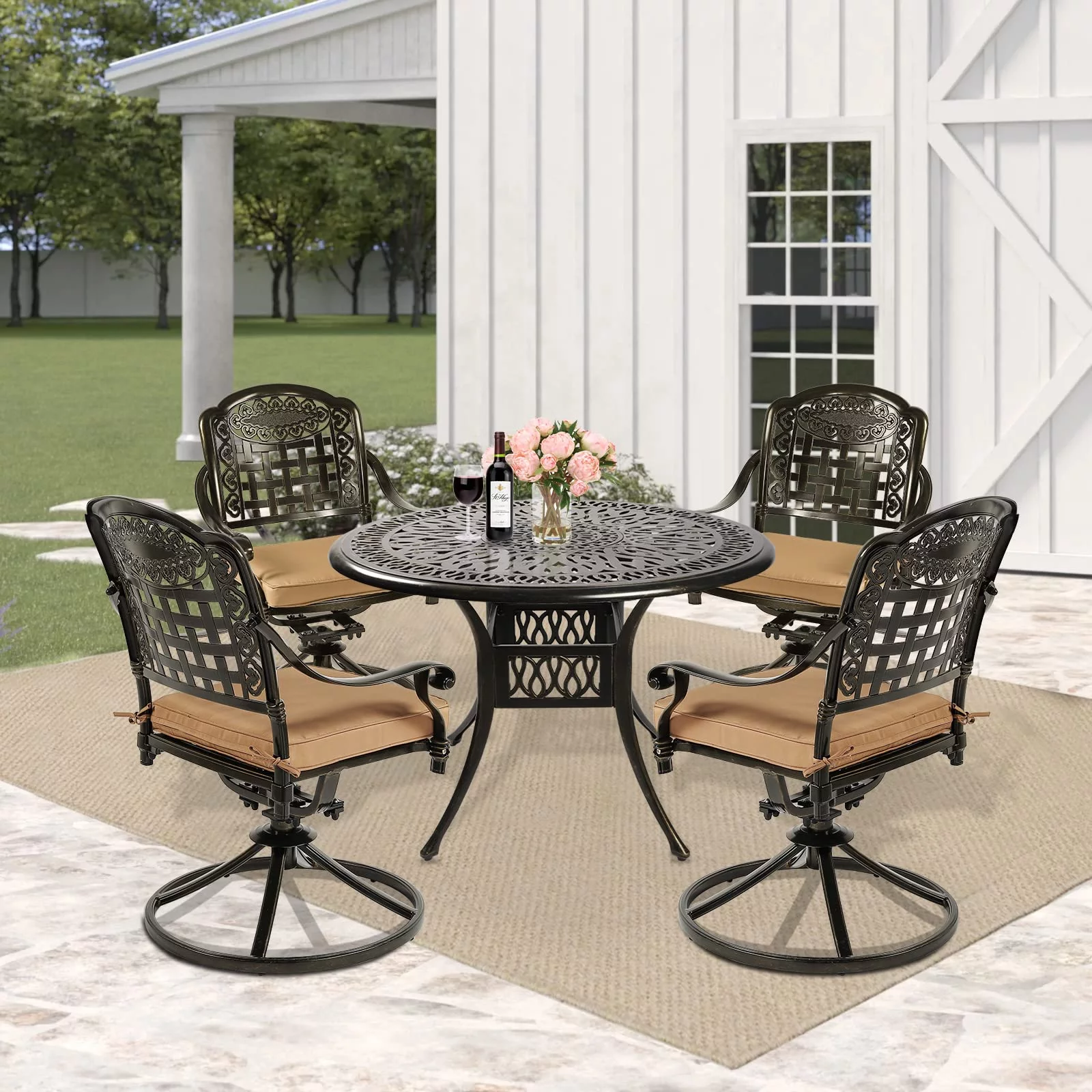 W WARMHOL 5 Piece Patio Dining Set, Outdoor Table and Chairs Set for 4 Cushioned Swivel Rocking Chairs and 35.2