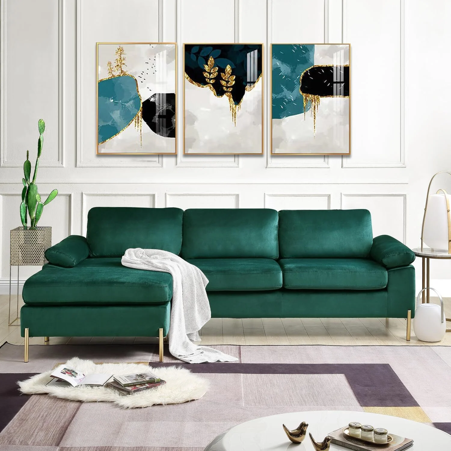 HomeStock Industrial Luxe Modern Velvet Sectional Sofa-Color:Green/Gold