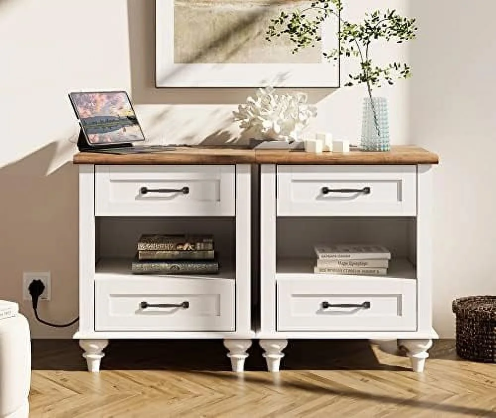 RUNFAYBIU Farmhouse End Tables  Nightstands with Charging Station  Small  for Living Room with 2 Drawers  Retro Night Stand Wood Bedside Table for Bedroom  Oak