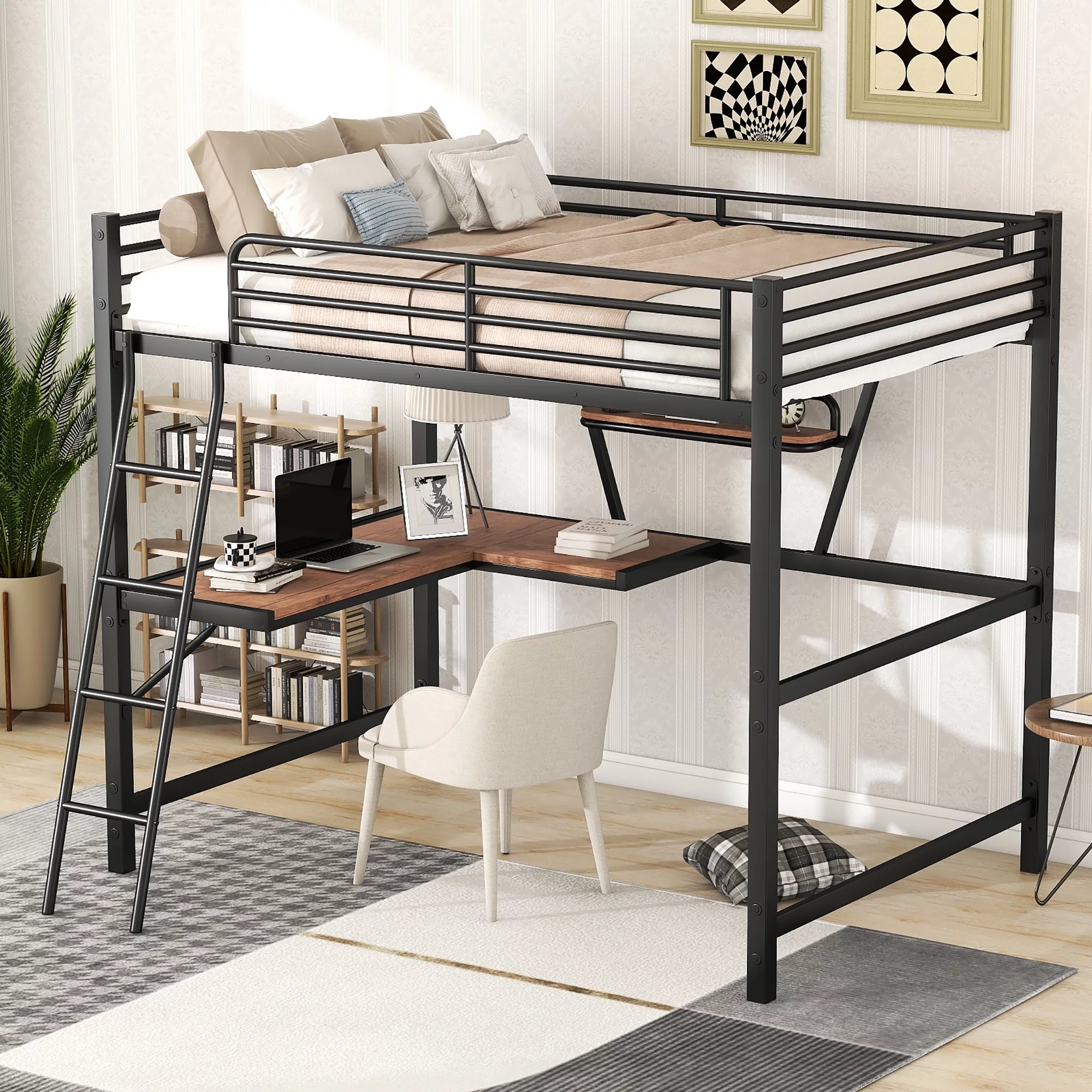 Churanty Metal Full Size Loft Bed with Desk for Kids Teens, Hight Full Loft Bed Frame with Small Shelf,Black