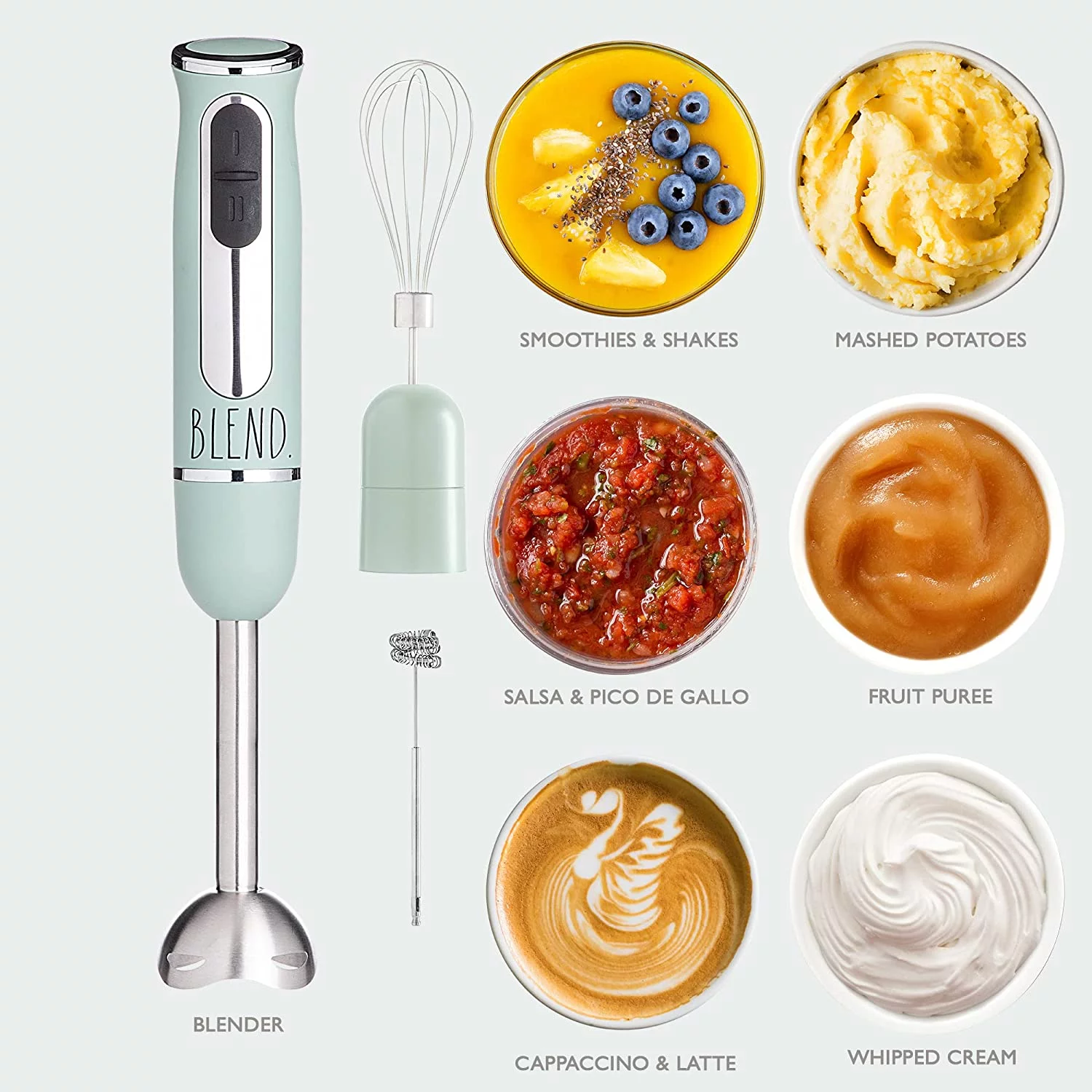 Rae Dunn Immersion Hand Blender with Egg Whisk and Milk Frother Attachments