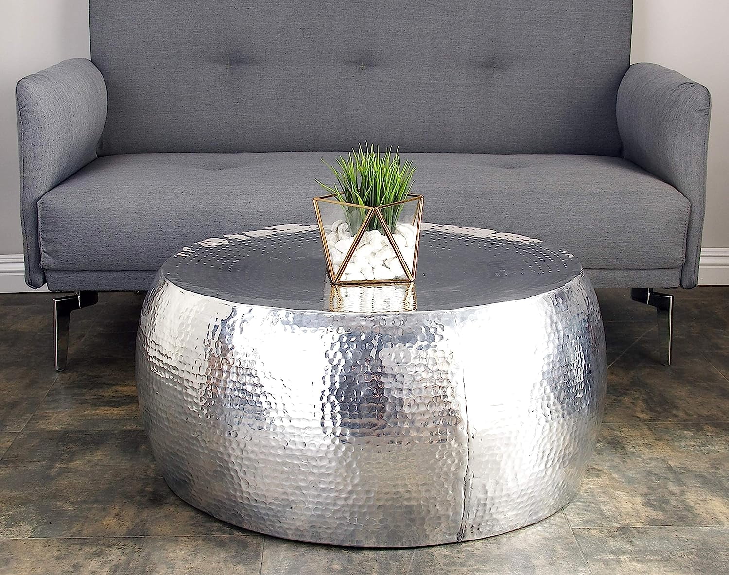79 Aluminum Drum Shaped Coffee Table with Hammered Design  30" x 30" x 14"  Silver