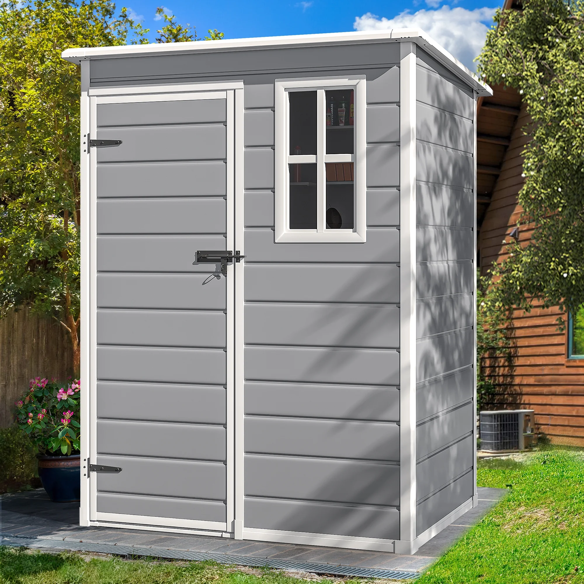 Dextrus Resin Outdoor Storage Shed 5x3 FT with Floor, All-Weather Resin Storage Shed with Lockable Door & Window, Waterproof