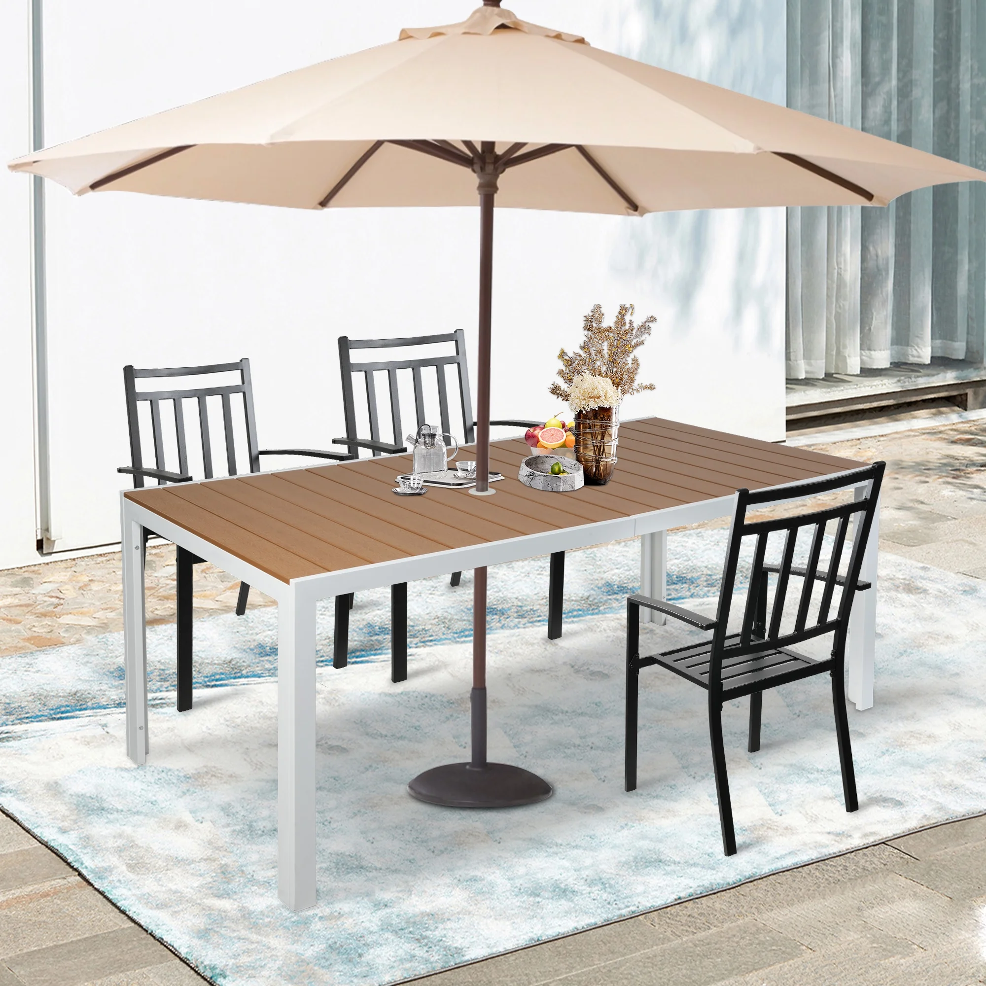 Outdoor Dining Table for 8 Person, 71” Aluminum Patio Dining Table with 1.6” - 2” Adjustable Umbrella Hole, Slat Rectangle Table with Wood Like Table Top for Backyard Garden