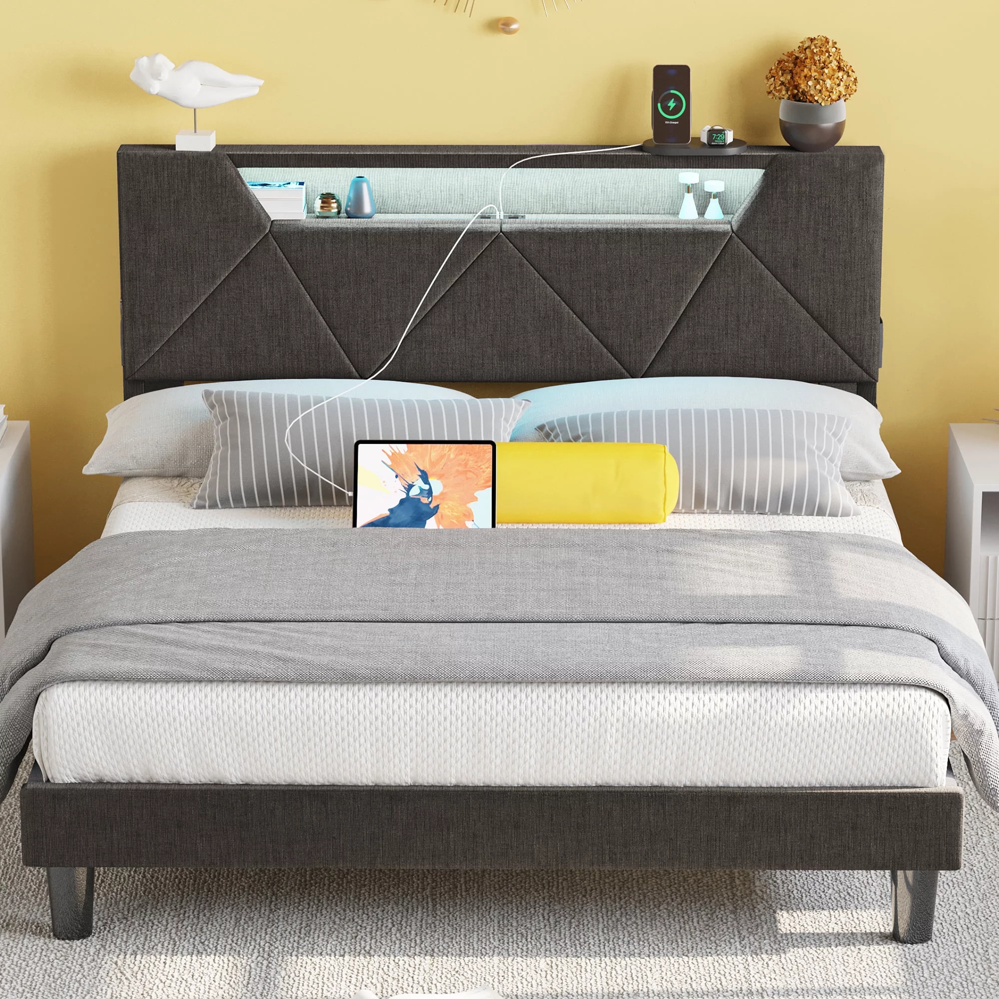 ANCTOR Full Bed Frame with Storage Headboard, Upholstered Platform Bed with Charging Station, Grey