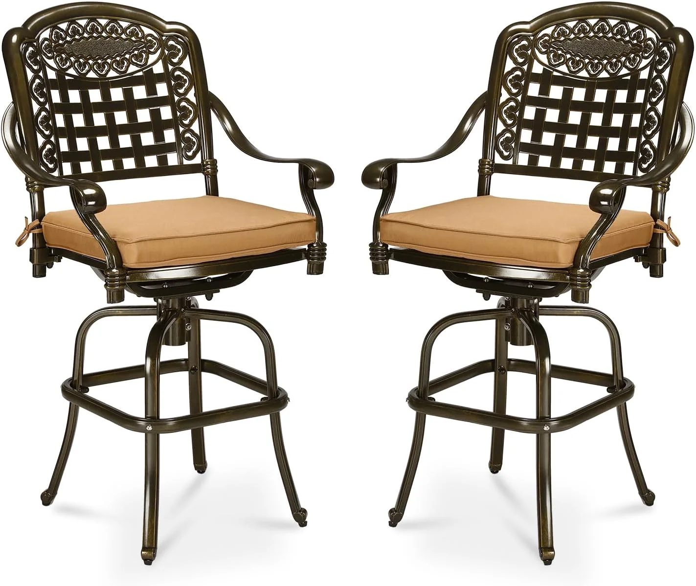 MEETWARM 2 Piece Outdoor Patio Swivel Bar Stools, All-Weather Cast Aluminum Bar Height Bistro Chairs with Cushions, Outdoor Furniture Bar Dining Chair Set for Garden Deck Backyard, Dark Bronze