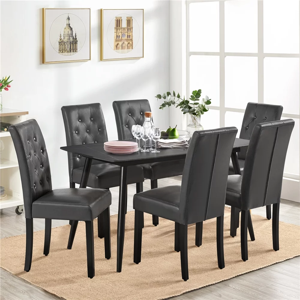 SmileMart Tufted  Faux Leather Dining Chairs with Wood Legs for Kitchen, Set of 6, Gray