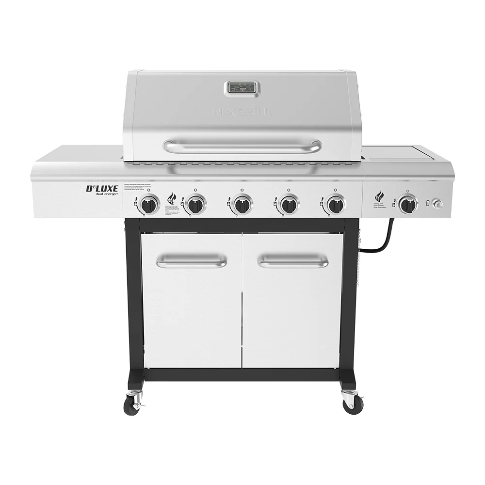 Nexgrill Deluxe 5-Burner Propane Gas Grill with Side Table and Ceramic Searing Side Burner - 75000BTUs