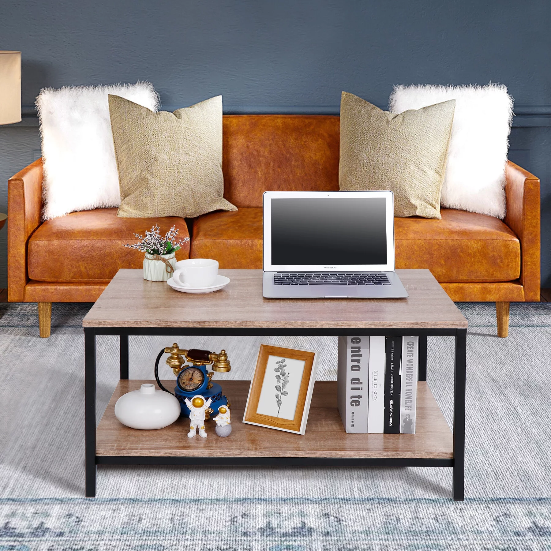 SuperDeal Rectangular Minimalist Coffee Table 2-Tier Storage MDF + Metal, Natural