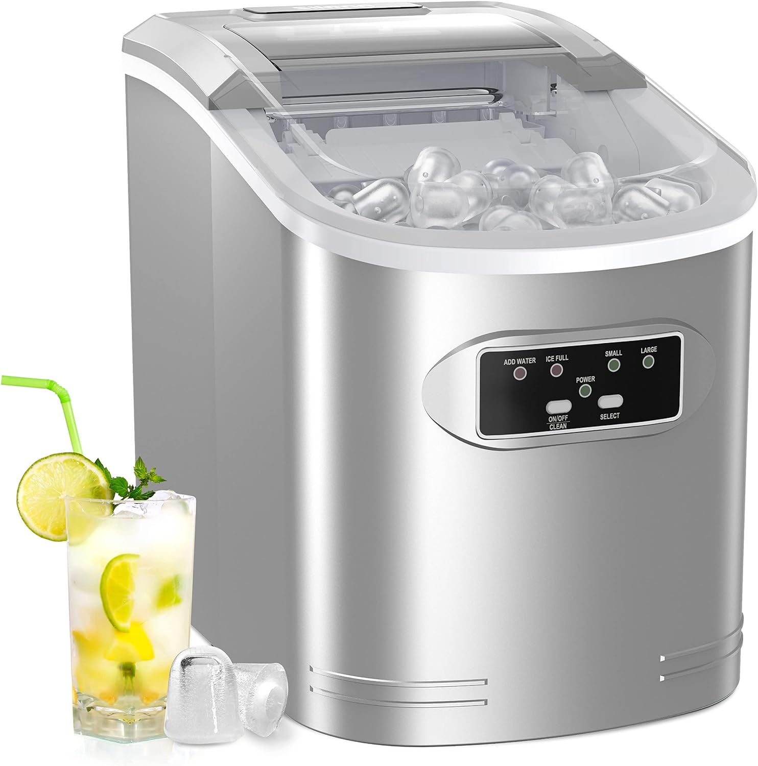 Silonn Ice Maker Machine Countertop, 26 lbs in 24 Hours, 9 Cubes Ready in 6 Mins, Self-Clean Ice Maker Compact Portable Ice Maker with Ice Scoop and Basket, Silver Gray (SLIM07)