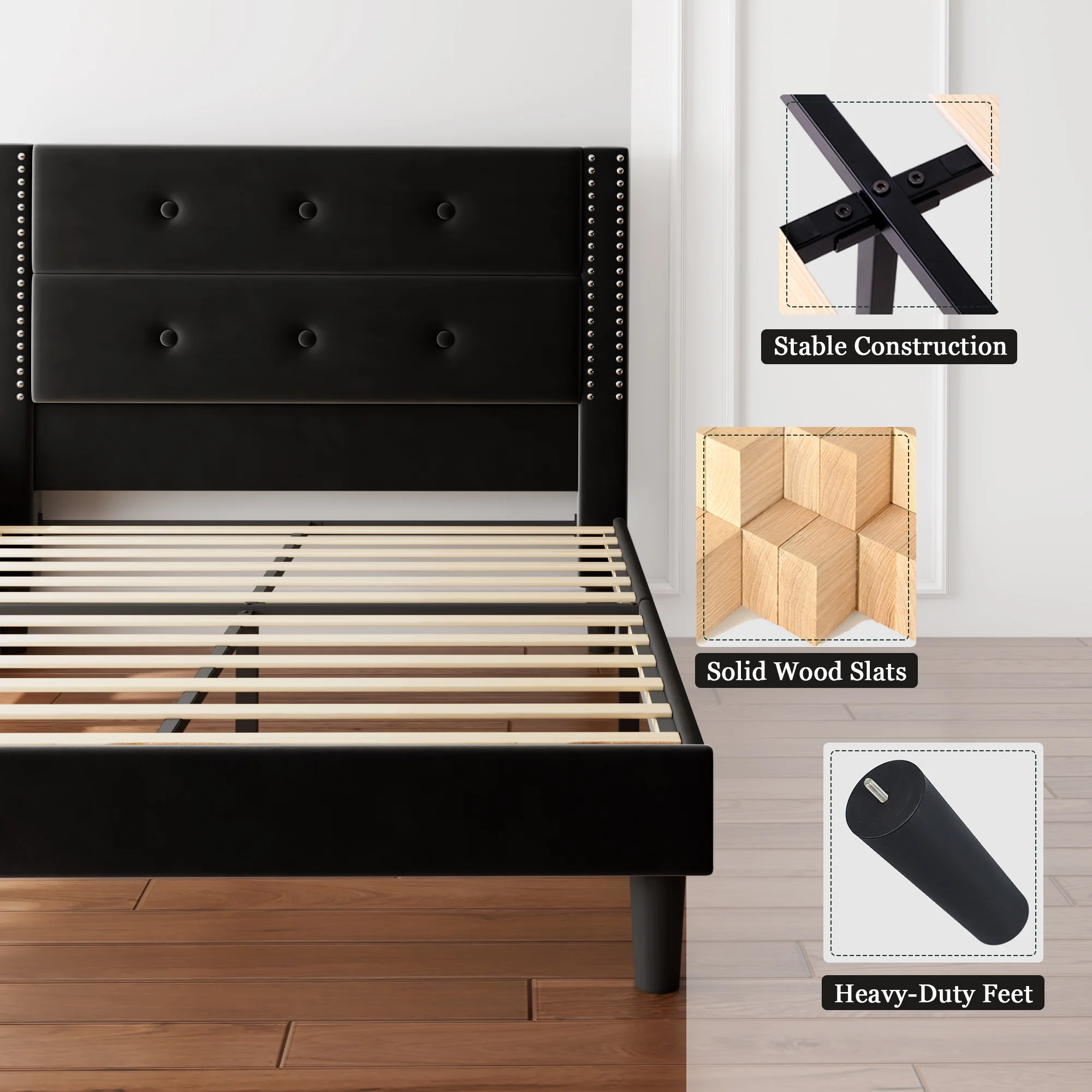 Queen Modern Velvet Upholstered Platform Bed Frame with Button Tufting Headboard, Solid Wood Slats Support, Suitable for everyone,Black