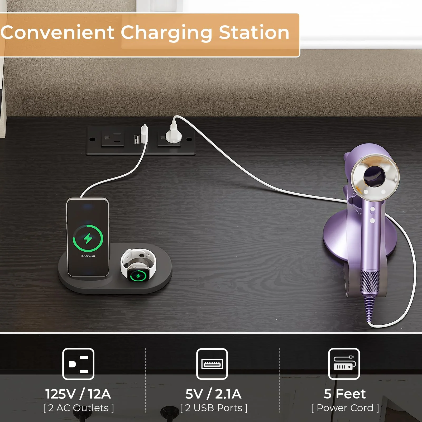 Makeup Vanity Desk with Charging Station&Mirror and Lights, Farmhouse Vanity Table with Glass Top&5 Drawers&Dresser for Women Girls, White