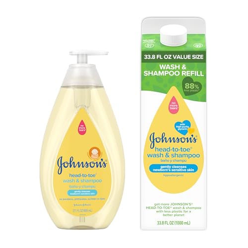 Johnson's Head-to-Toe Gentle Tear-Free Baby & Newborn Wash & Shampoo, Sulfate-, Paraben- Phthalate- & Dye-Free, Hypoallergenic Wash for Sensitive Skin & Hair, 27.1 fl. Oz