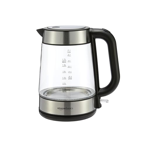 Amazon Basics Electric Kettle with Glass Carafe for Tea and Coffee, BPA-Free, Fast Boiling, Auto Shut-Off, 1.1 Quarts, 1500W, Glass and Steel