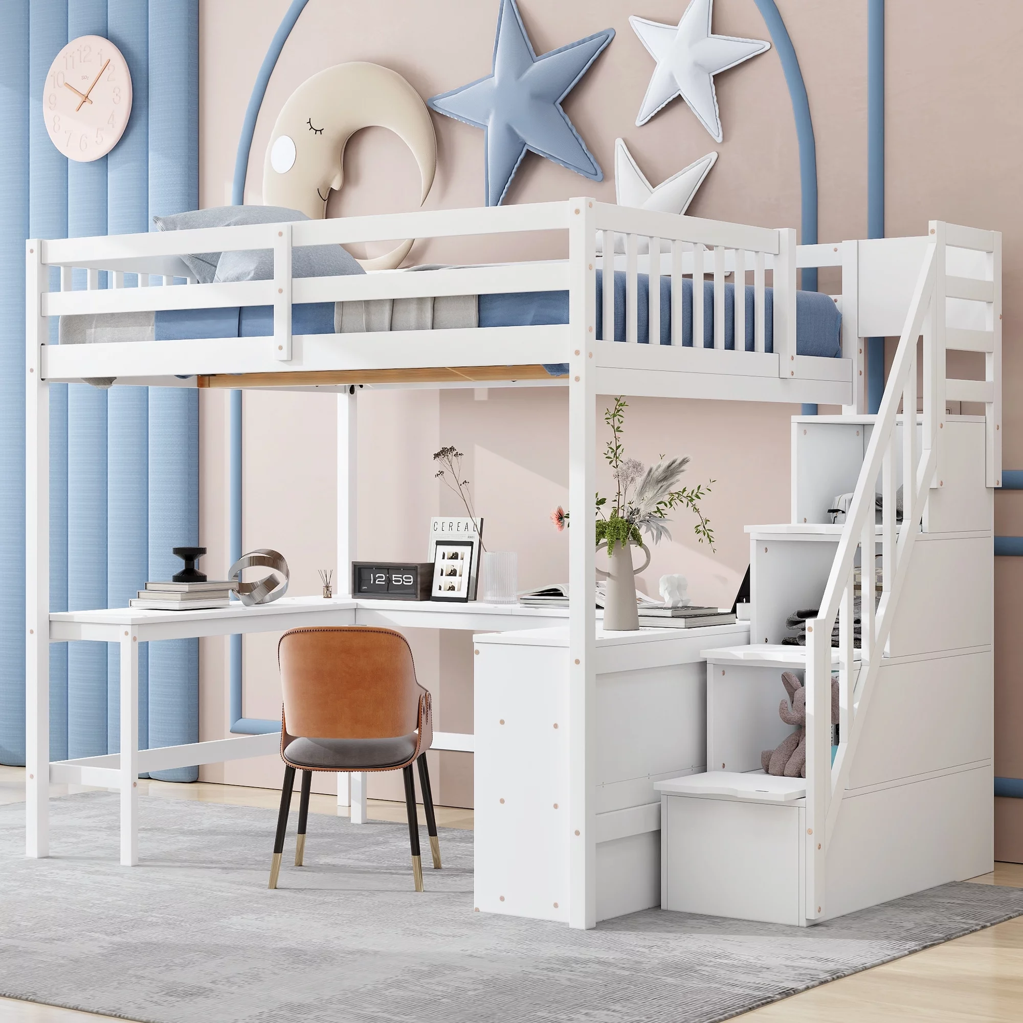 EUROCO Wood Full Size Loft Bed with Desk, Shelf and Storage Staircase for Kids Teens Adults, Built-in Desk with Bookscase for Working Station, No Box Spring Needed, White