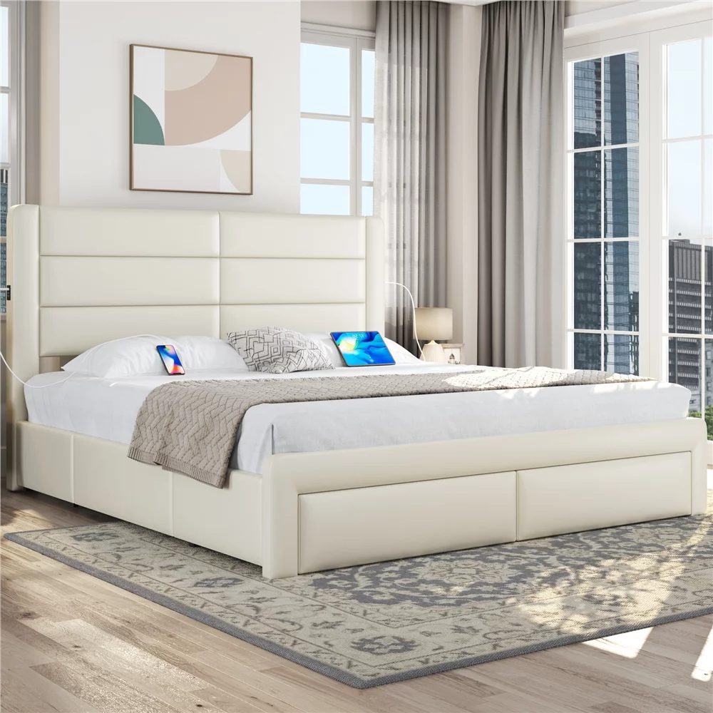 Yaheetech Upholstered Platform Bed with 3 Storage Drawers and Built-In USB Ports,King,Beige