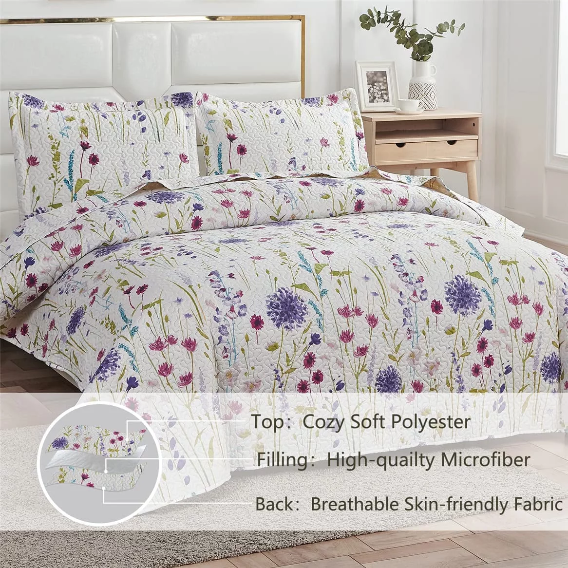 Jessy Home Floral Quilts Queen Blue Purple Green Flower Bedding Microfiber Bedspread Set