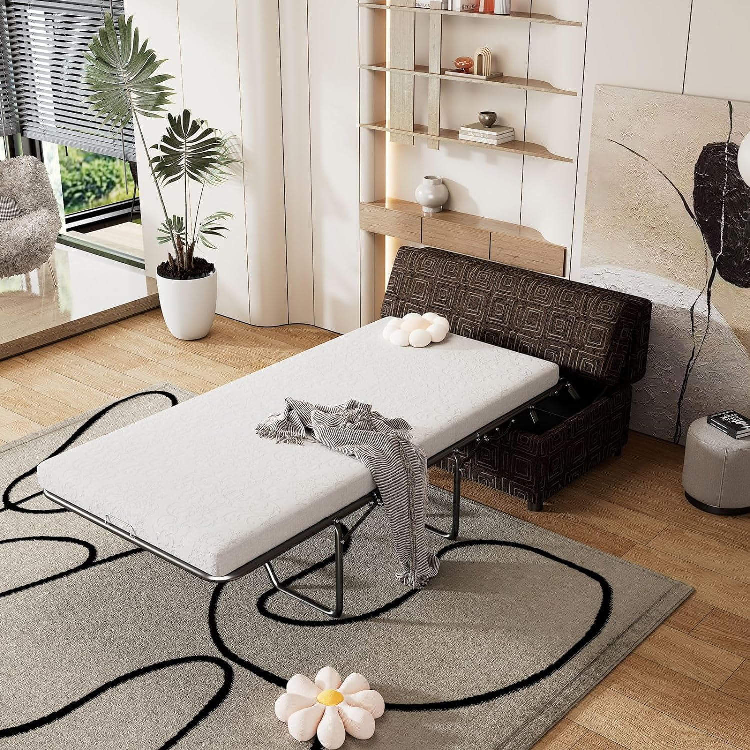 Folding Ottoman Bed Full Size with Mattress, Pull Out Linen Sleeper Sofa Bed Convertible Guest Bed, Murphy Bed for Living Room Apartment Bedroom, Space Saving, Brown