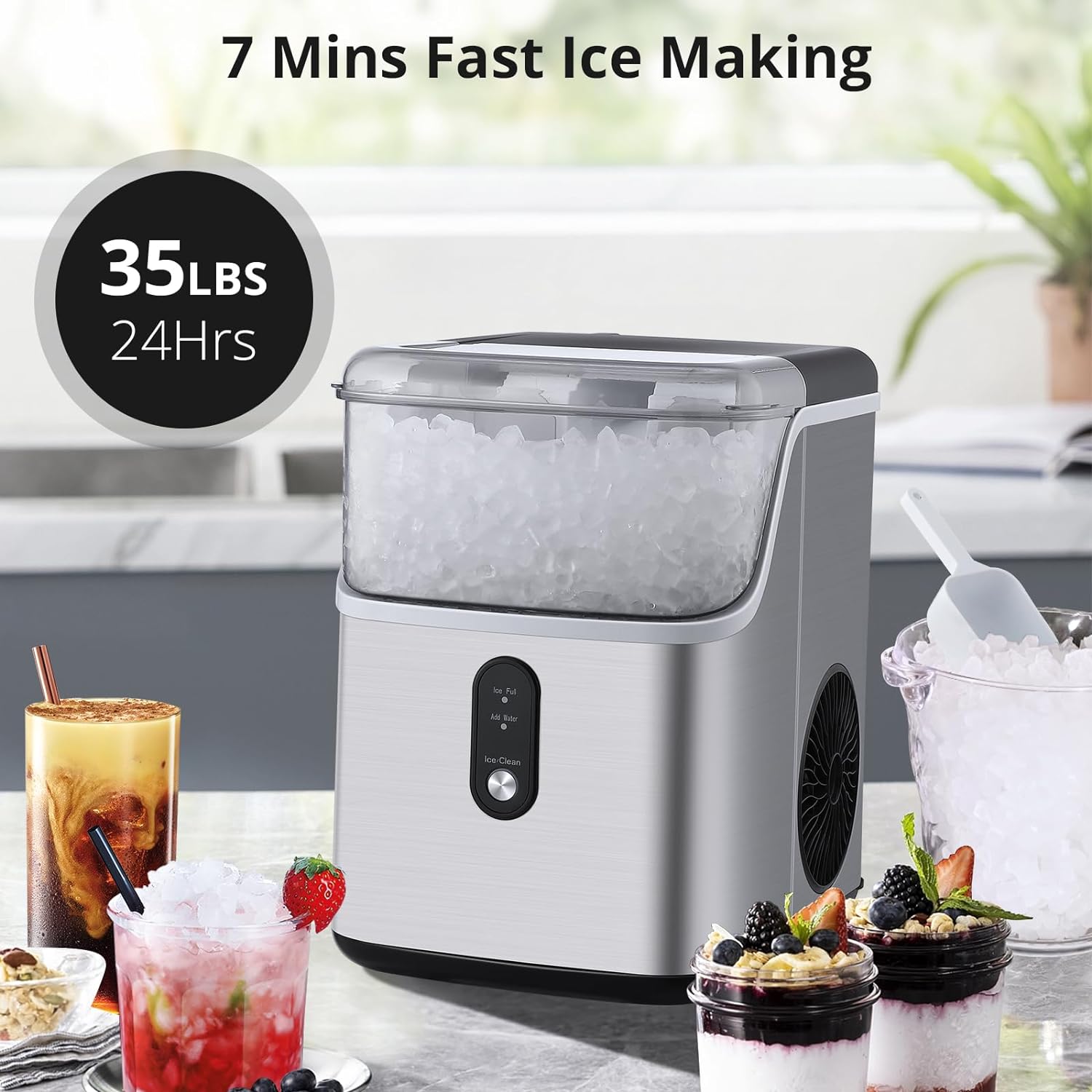 Nugget Ice Maker Countertop Machine with Soft Chewable Ice, Crushed Ice Makers with Self-Cleaning, 36Lbs/24Hrs, One-Key Operation, Compact Ice Maker with Ice Scoop/Basket for Home/Kitchen/Bar