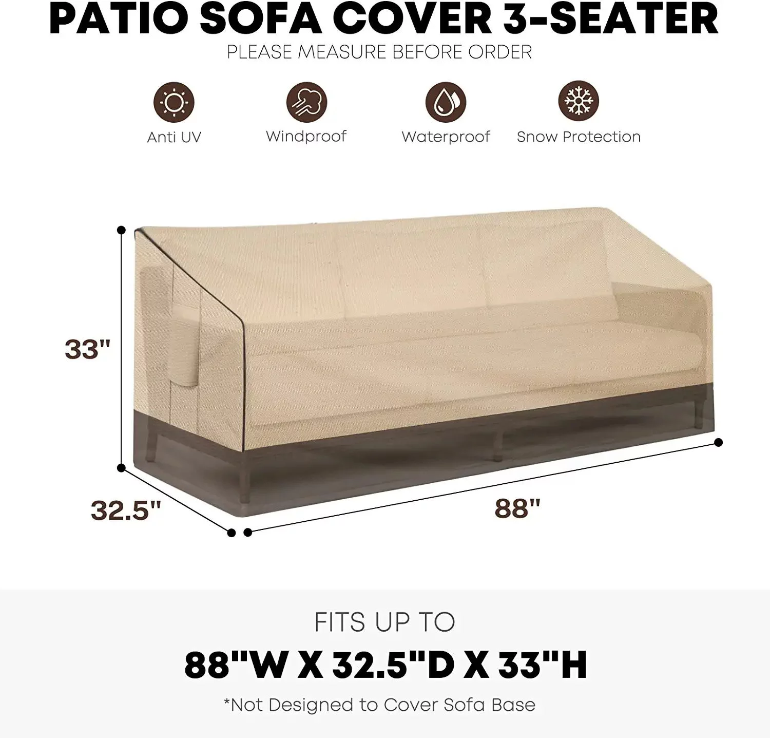 PatioGem Outdoor Furniture Covers, Waterproof Patio Chair Sofa Loveseat Lounge Bench Cover, 600D Heavy Duty 3-Seat Rectangle Couch Cover with Air Vents, Beige & Brown