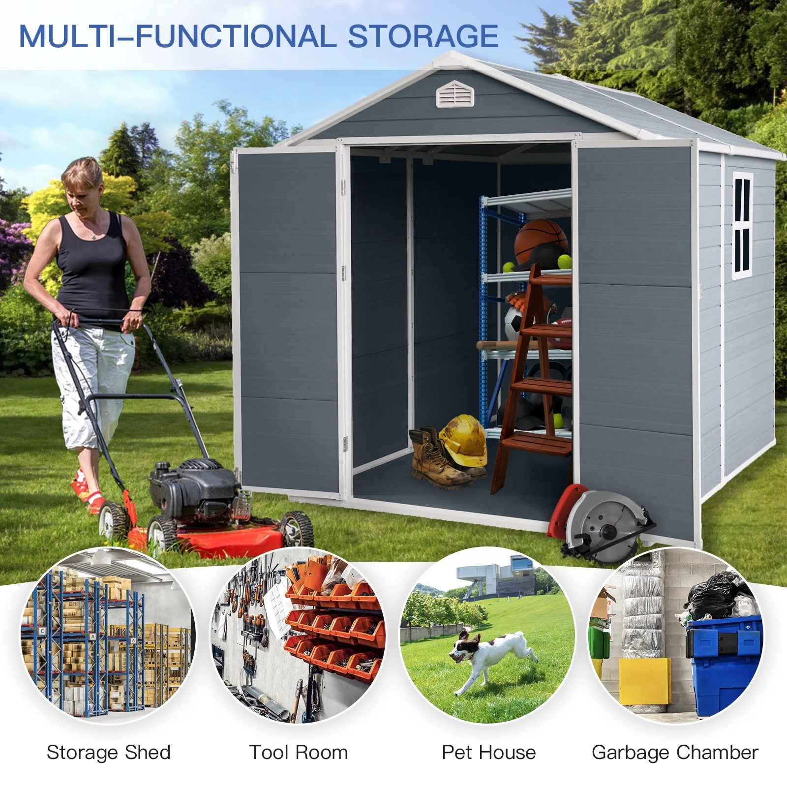 Outdoor Storage Shed 6x8 FT, Plastic Resin Garden Shed for Tools,Garbage Can,Waterproof Outside Shed with Floor and Lockable Door for Backyard, Patio, Lawn (Grey-6×8ft)