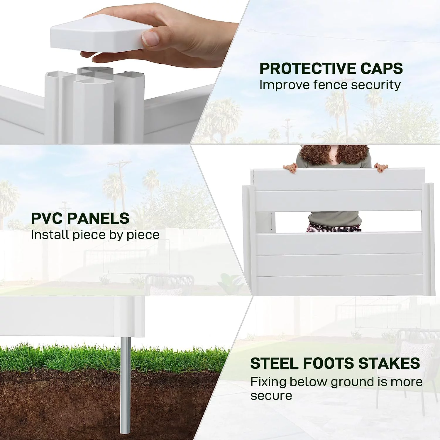 LAZY BUDDY 48''x47.2'' Outdoor Privacy Screen, 2 Panels Vinyl Air Conditioner Fence with 3 Metal Stakes, Privacy Fence Enclosure for Trash Can