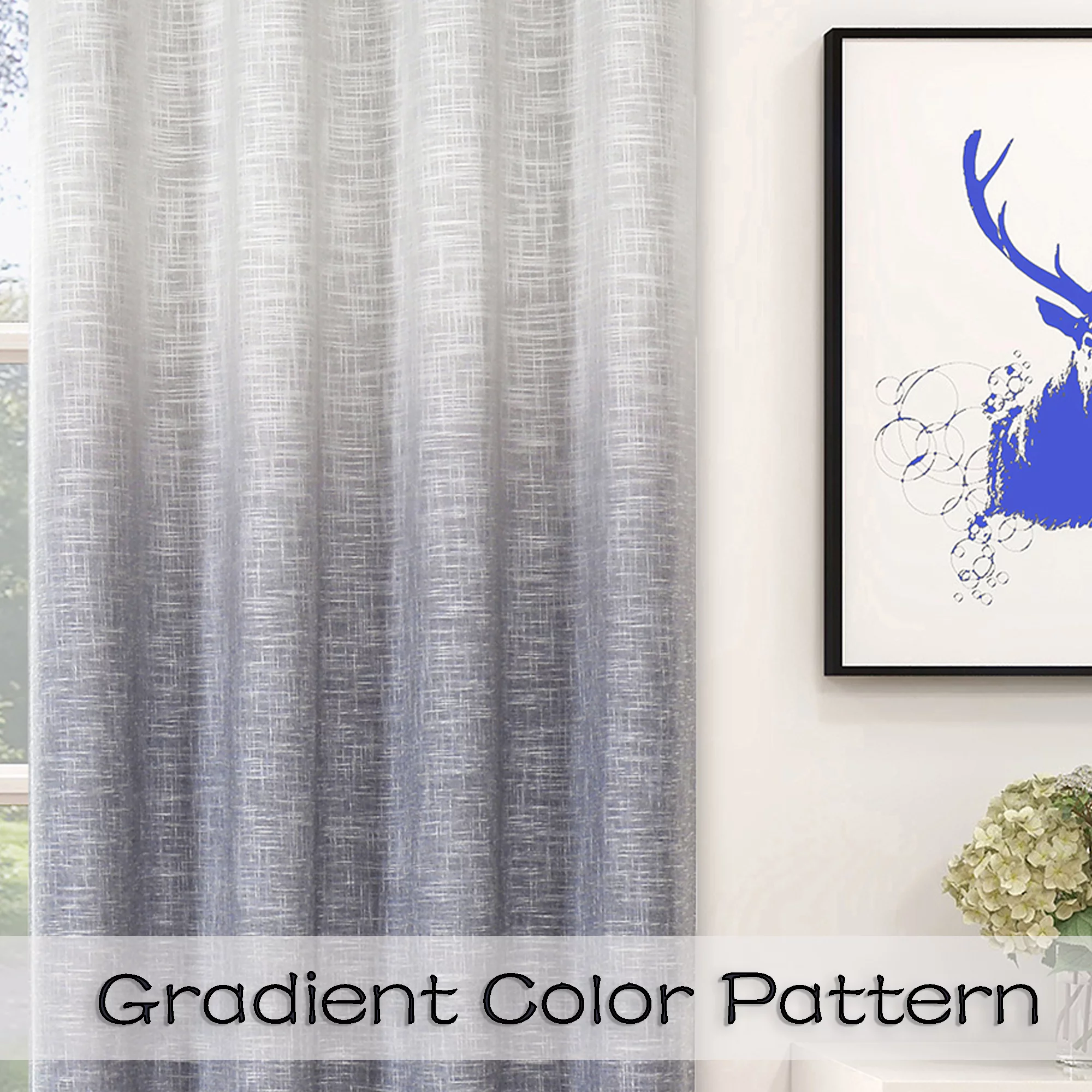 Uptown Home Indigo Blue White Ombre Full Blackout Window Curtain Panels Linen Texture Greyish Gray Liner Gradient Grommet Drapes for Bedroom Living Room, 50