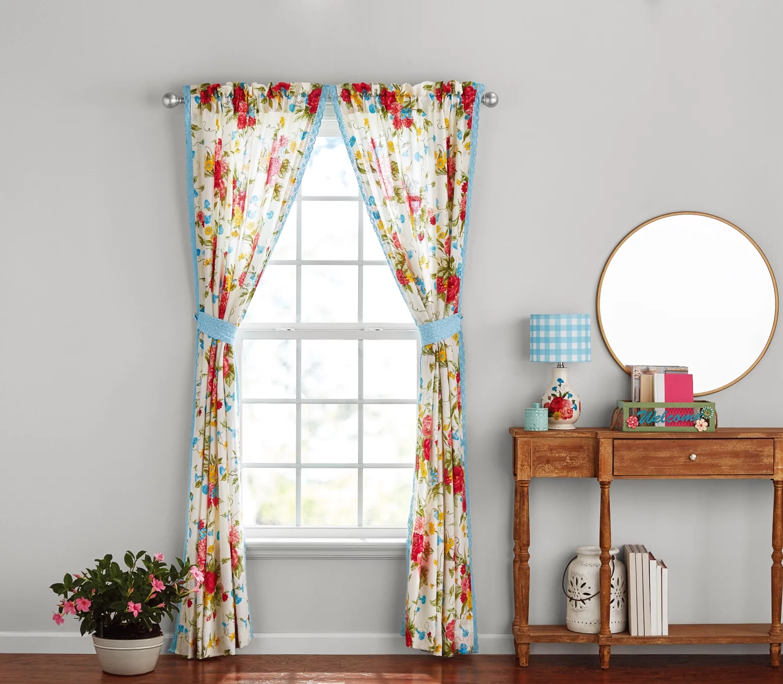Pioneer Woman Sweet Rose Light Filtering Rod Pocket Window Curtain Panel, Set of 2, Multi-color, 40 x 84