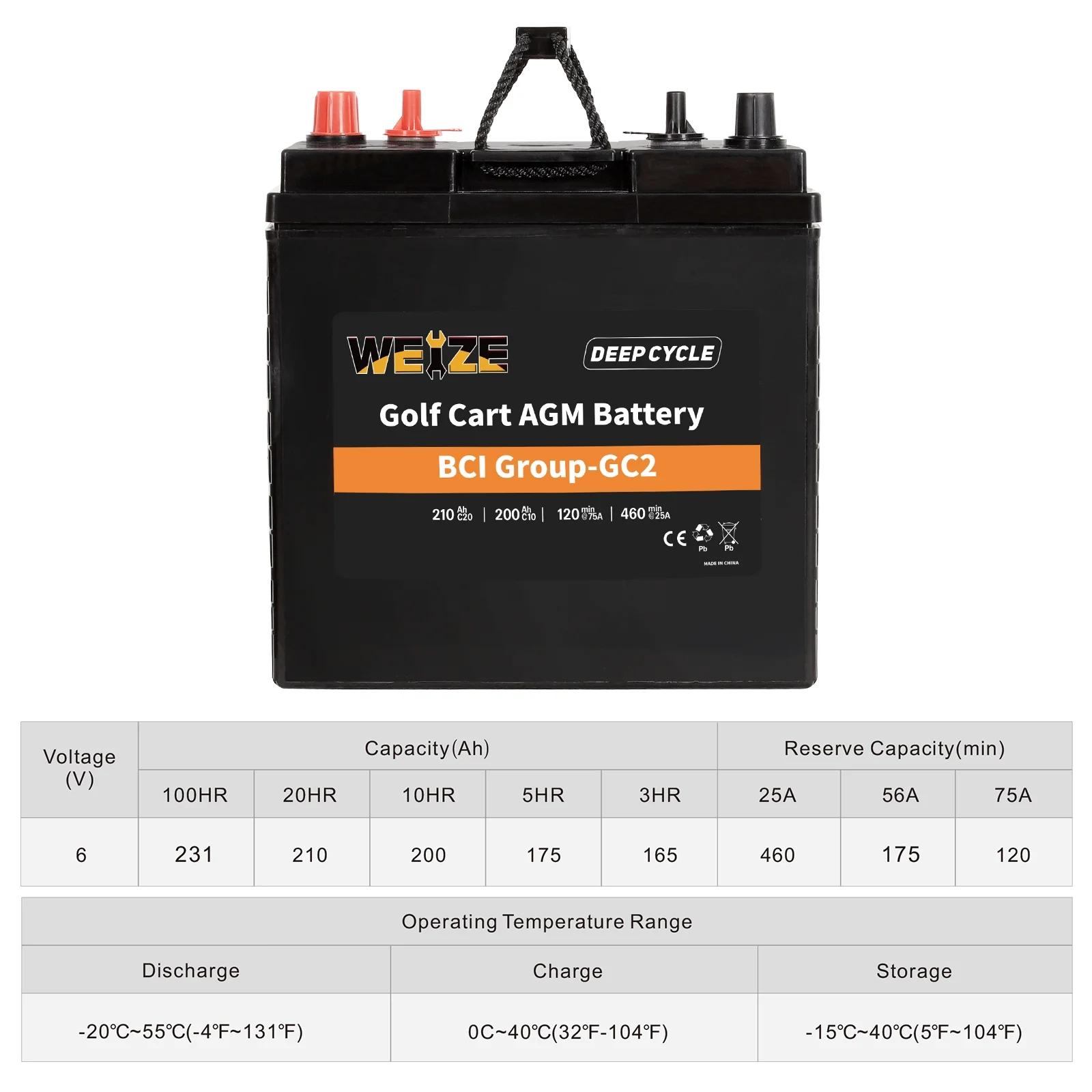 Weize Golf Cart Battery, 6V 210ah BCI Group GC2 Deep Cycle AGM Scrubber Battery