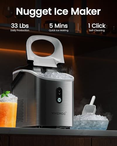 Nugget Ice Maker Countertop, 34lbs/Day, Portable Sonic Pebble Ice Maker with Self-Cleaning, Fast Ice in 6 Mins, Compact Crushed Pellet Ice Machine for Home/Office/Kitchen/RV/Camping, Black