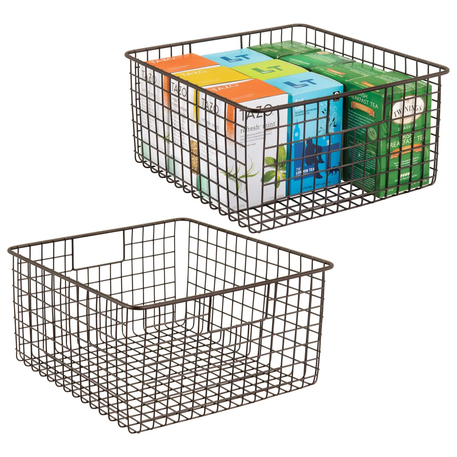 mDesign Metal Wire Food Organizer Basket with Built-In Handles - 2 Pack - Bronze
