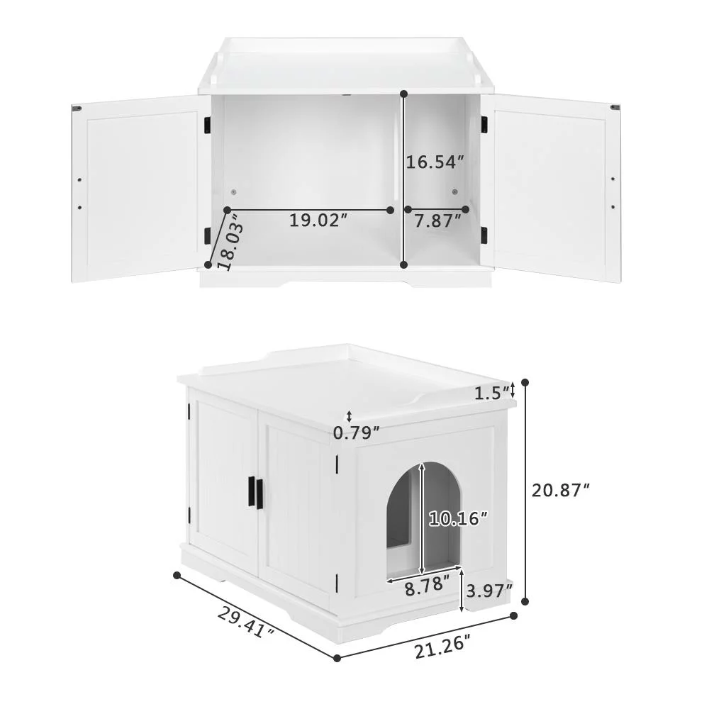 Ktaxon Double-Door Wooden Cat Litter Box Enclosure Cabinet, Indoor Hidden Pet Crate Cat House Bench Furniture,White
