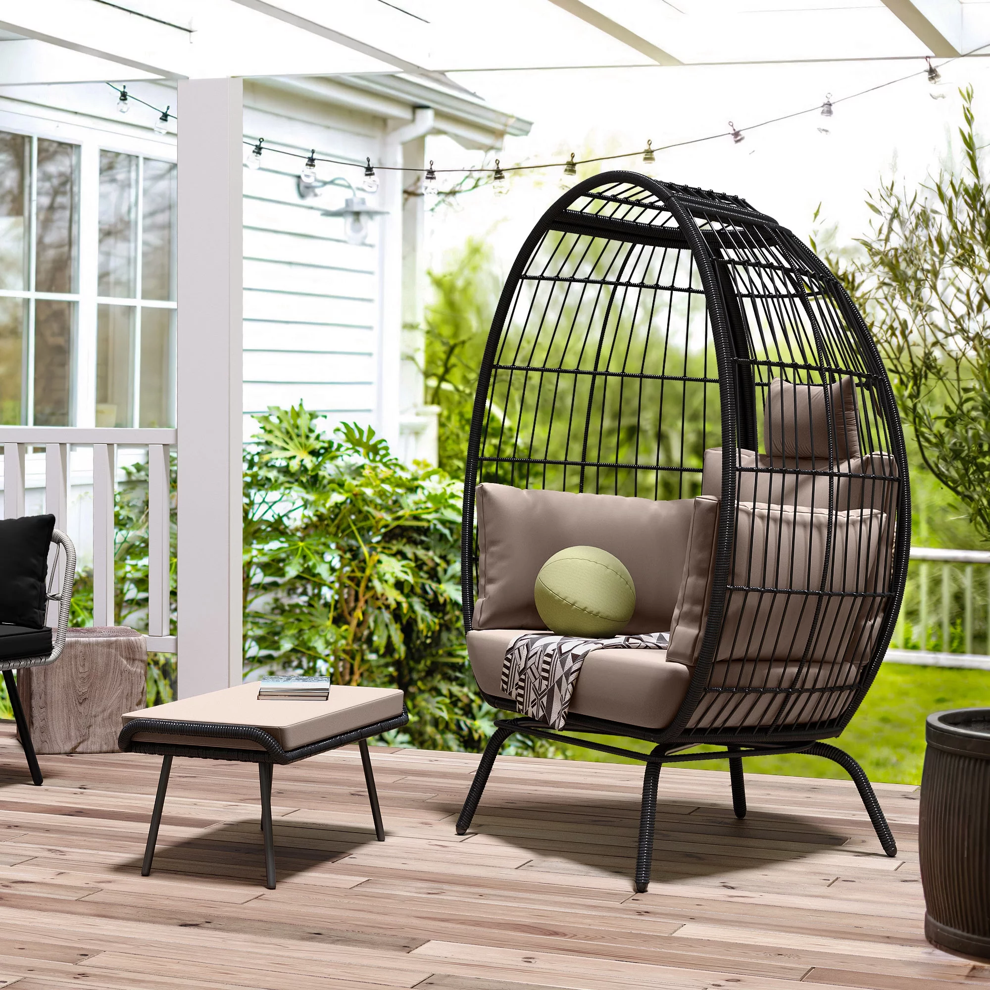 DEXTRUS Wicker Egg Chair with Ottoman,with Stand, Cushions, Egg Chairs for Patio - Black