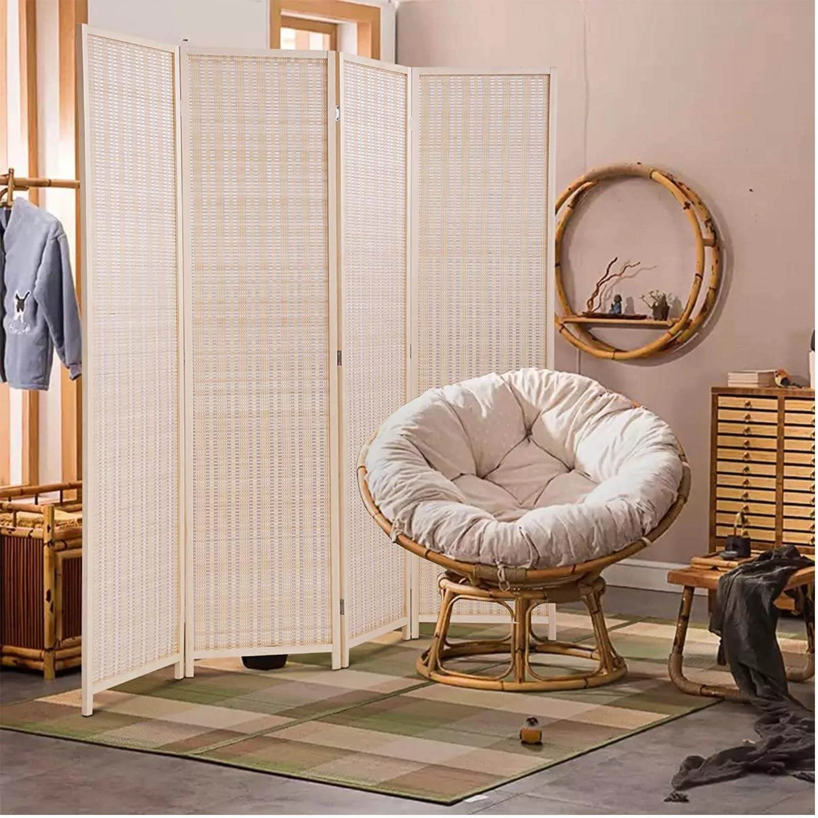 NiamVelo 4 Panel Room Dividers Folding Privacy Screen, Freestanding Screen Partitions Portable Room Seperating Divider for Office, Natural