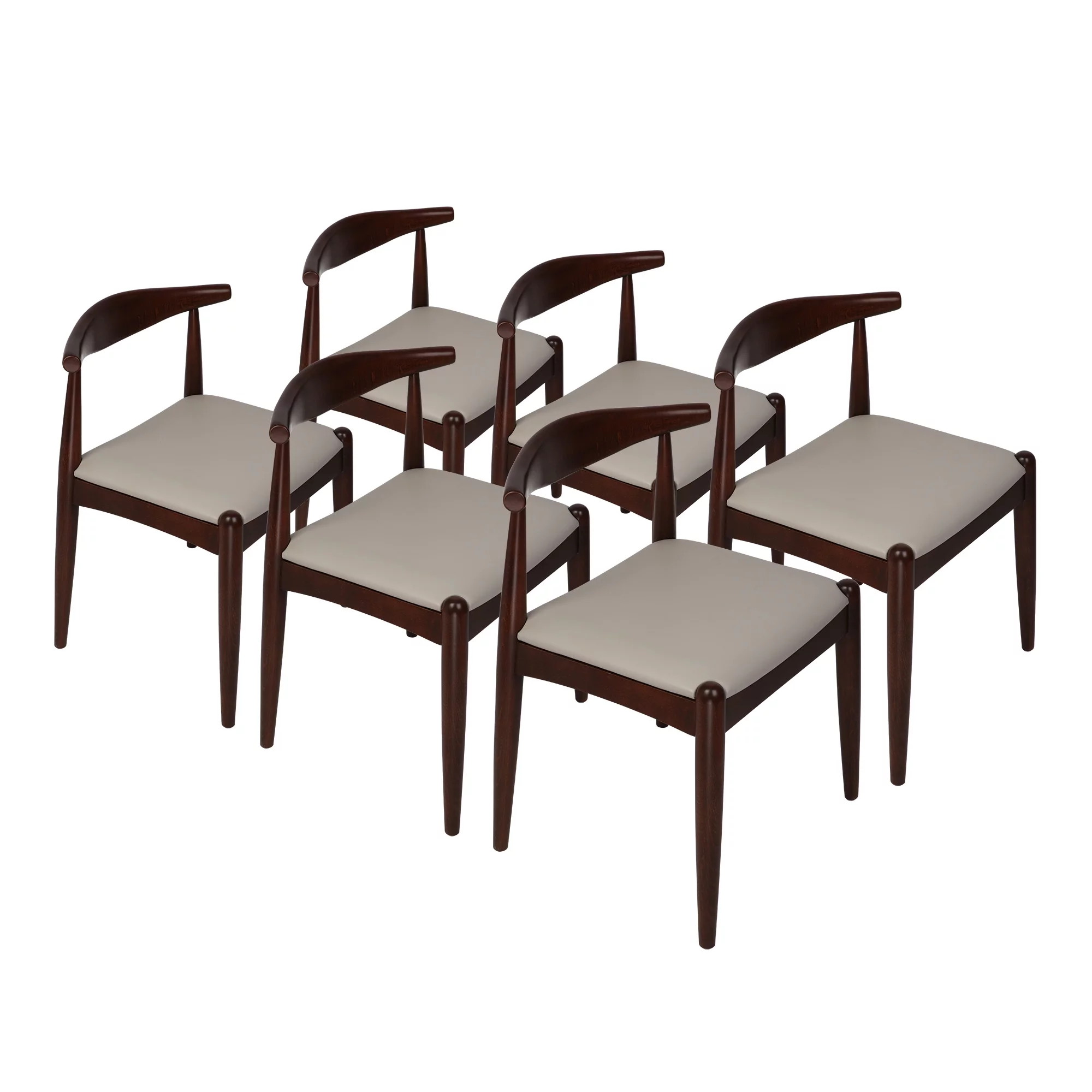 KARMAS PRODUCT Walnut Mid-Century Dining Chairs Set of 6 Armless Low-Back Side Chair with Faux Leather Seat, Light Grey/Walnut