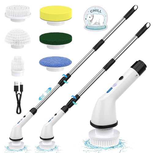 Electric Spin Scrubbers, Cordless Cleaning Brush, Versatile Floor Tile Scrubber Dual Speed with 6 Replaceable Heads and Adjustable Extension Handle for Efficient Bathroom Tub and Floor Cleaning