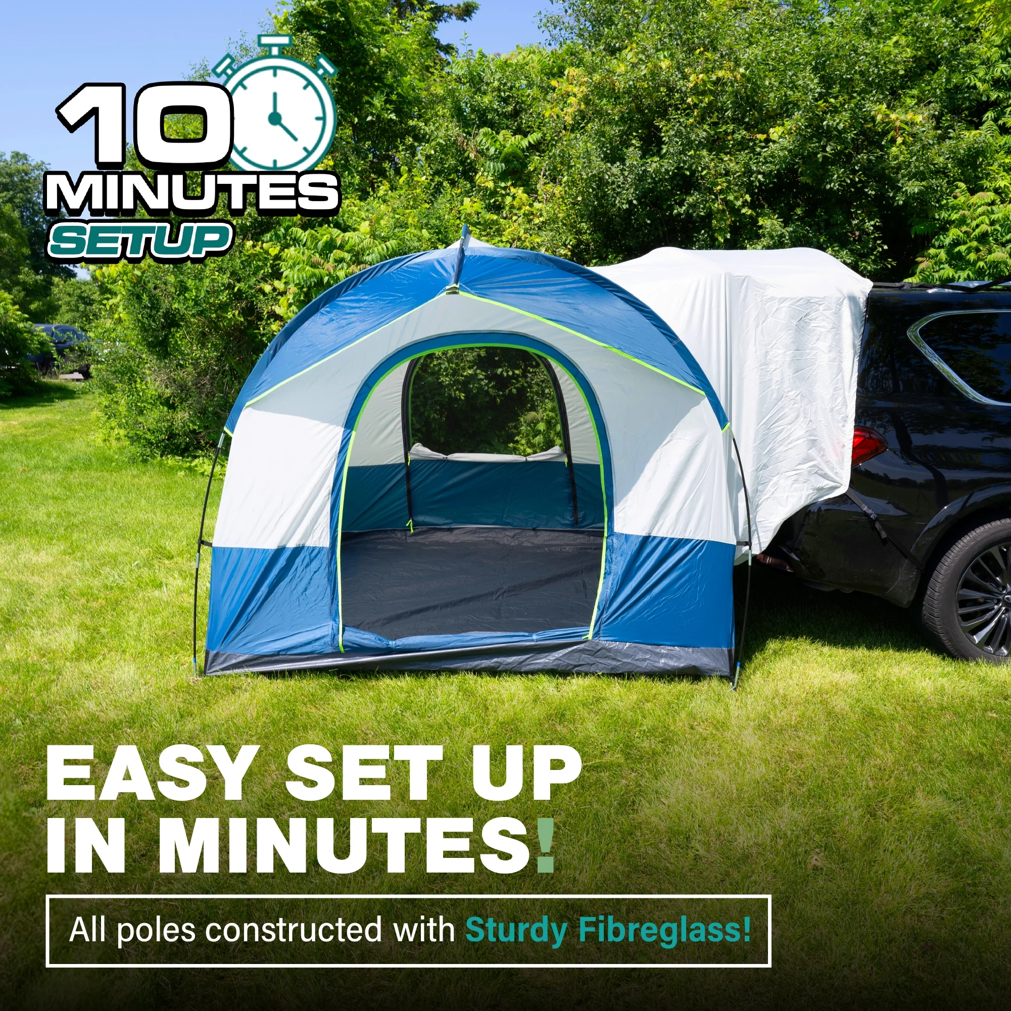 North East Harbor Universal SUV Camping Tent - Up to 8-Person Sleeping Capacity, Includes Rainfly and Storage Bag - 8' W x 8' L x 7.2' H - Gray and Blue